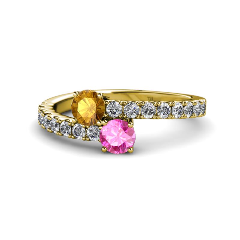 Delise 5.00mm Round Citrine and Pink Sapphire with Side Diamonds Bypass Ring 