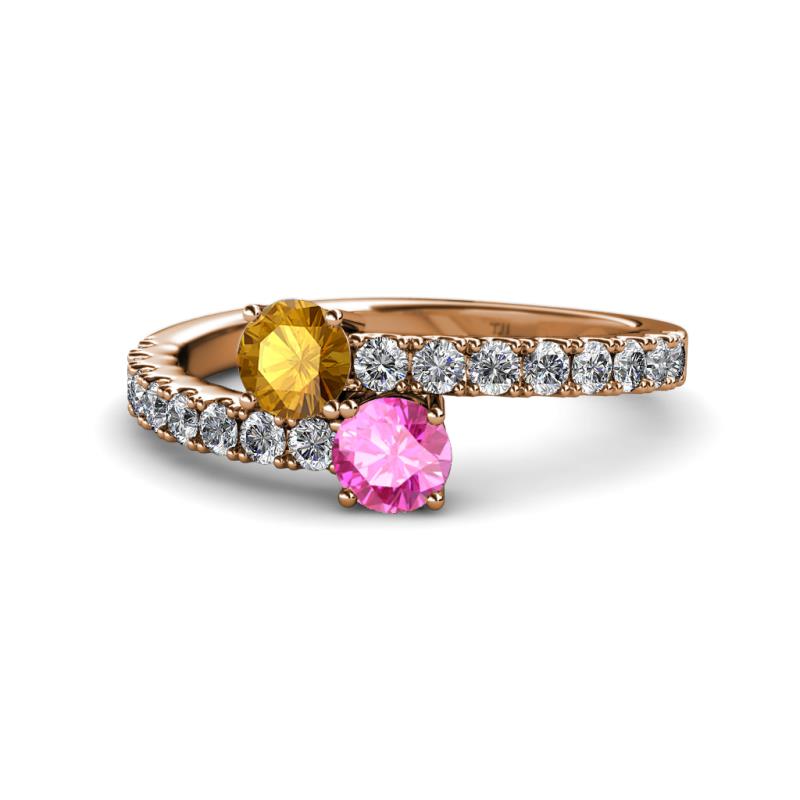 Delise 5.00mm Round Citrine and Pink Sapphire with Side Diamonds Bypass Ring 