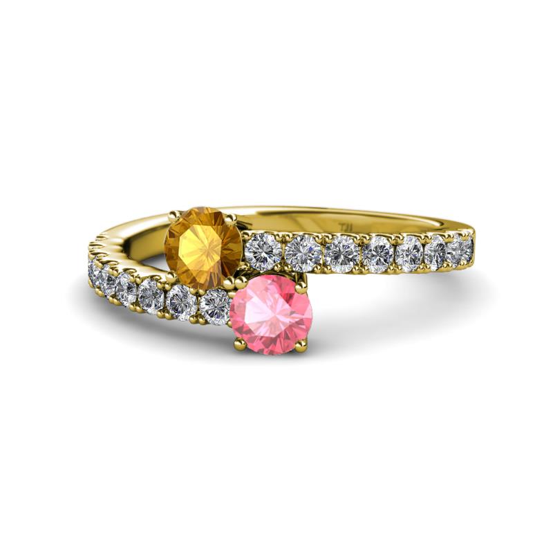 Delise 5.00mm Round Citrine and Pink Tourmaline with Side Diamonds Bypass Ring 