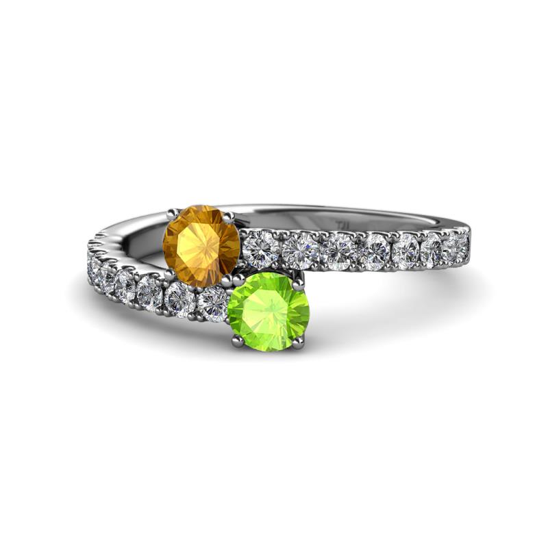 Delise 5.00mm Round Citrine and Peridot with Side Diamonds Bypass Ring 