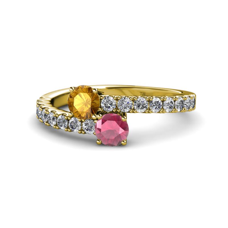 Delise 5.00mm Round Citrine and Rhodolite Garnet with Side Diamonds Bypass Ring 