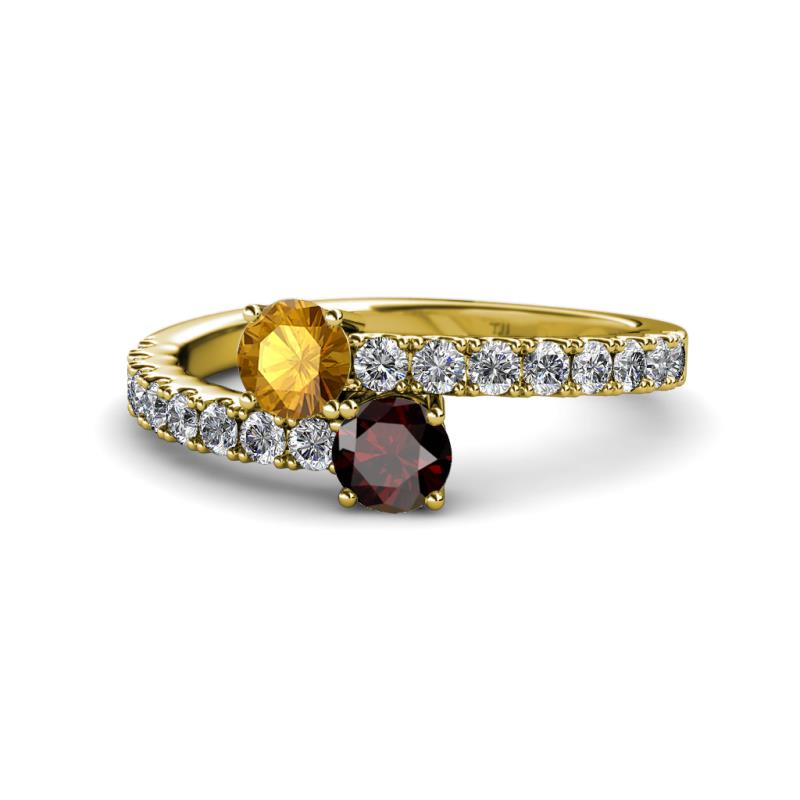 Delise 5.00mm Round Citrine and Red Garnet with Side Diamonds Bypass Ring 