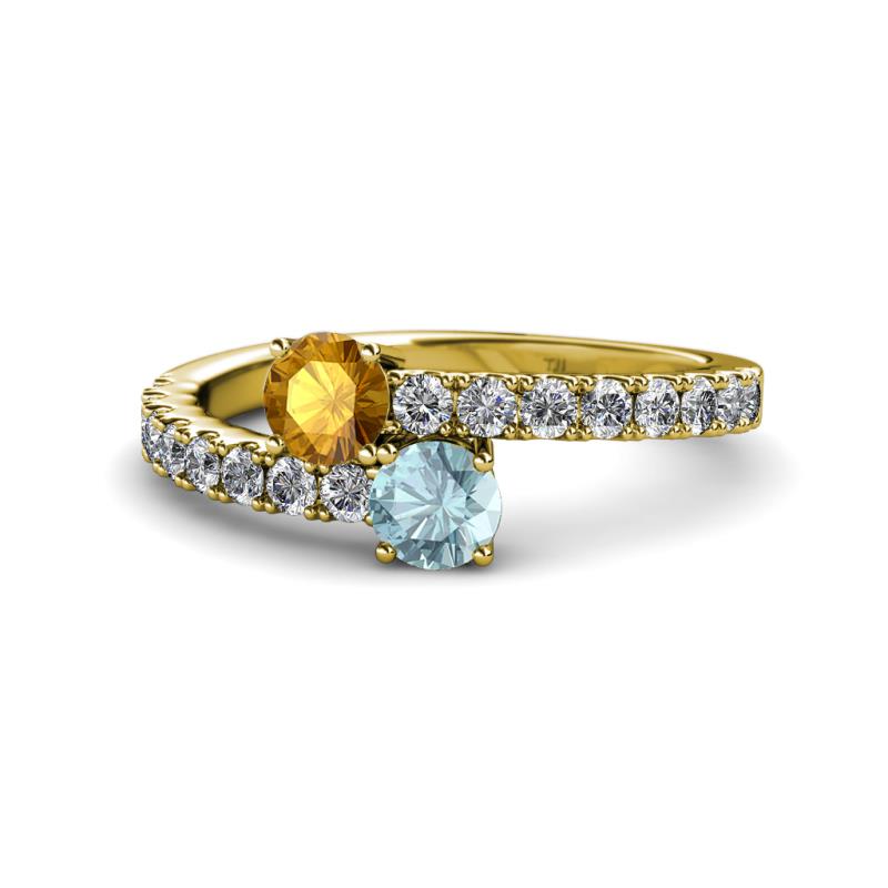 Delise 5.00mm Round Citrine and Aquamarine with Side Diamonds Bypass Ring 