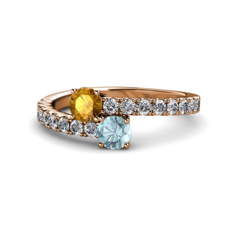 Delise 5.00mm Round Citrine and Aquamarine with Side Diamonds Bypass Ring 