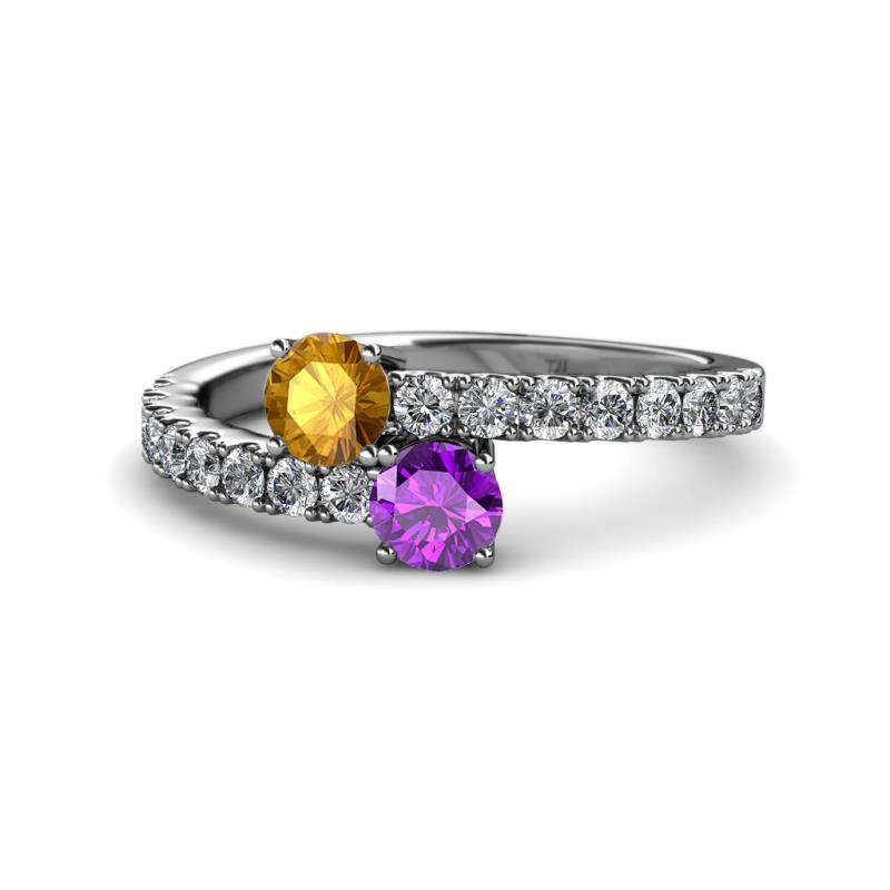Delise 5.00mm Round Citrine and Amethyst with Side Diamonds Bypass Ring 