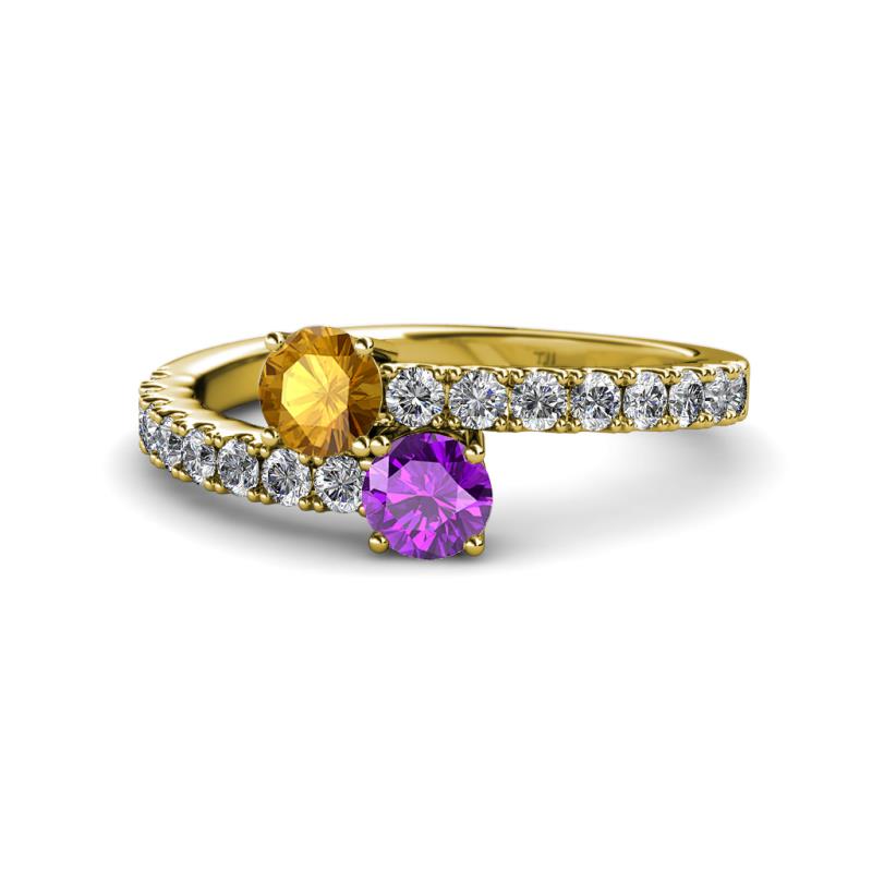 Delise 5.00mm Round Citrine and Amethyst with Side Diamonds Bypass Ring 