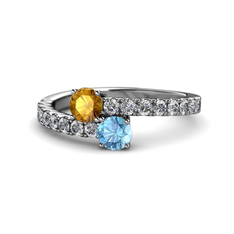 Delise 5.00mm Round Citrine and Blue Topaz with Side Diamonds Bypass Ring 