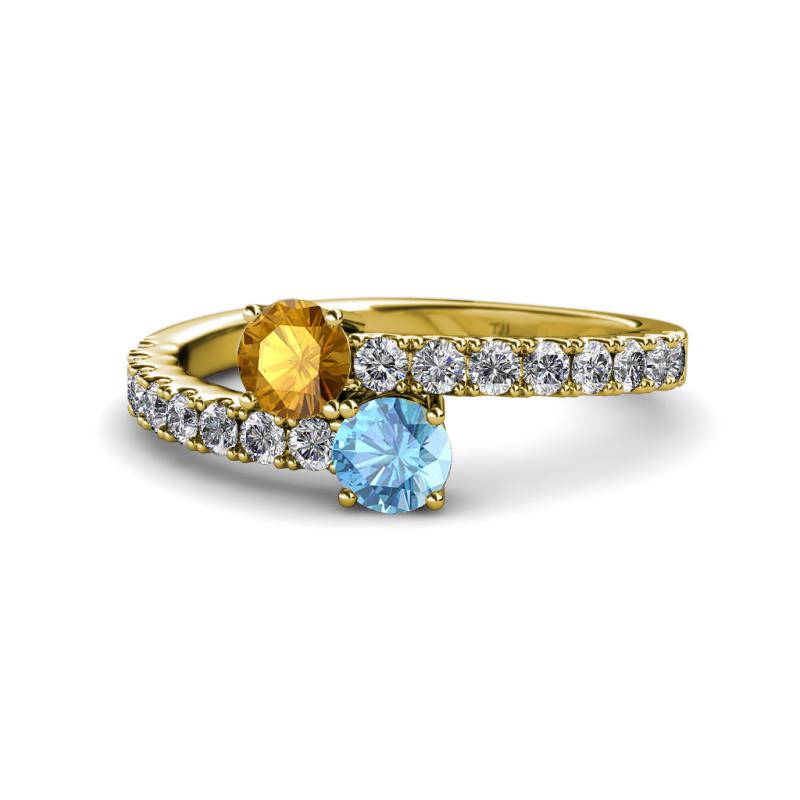 Delise 5.00mm Round Citrine and Blue Topaz with Side Diamonds Bypass Ring 