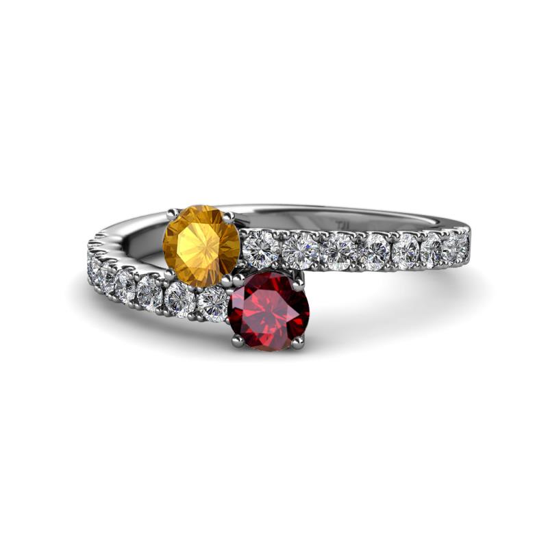 Delise 5.00mm Round Citrine and Ruby with Side Diamonds Bypass Ring 