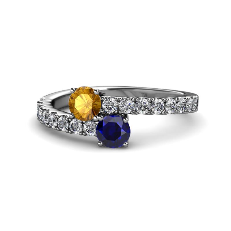Delise 5.00mm Round Citrine and Blue Sapphire with Side Diamonds Bypass Ring 