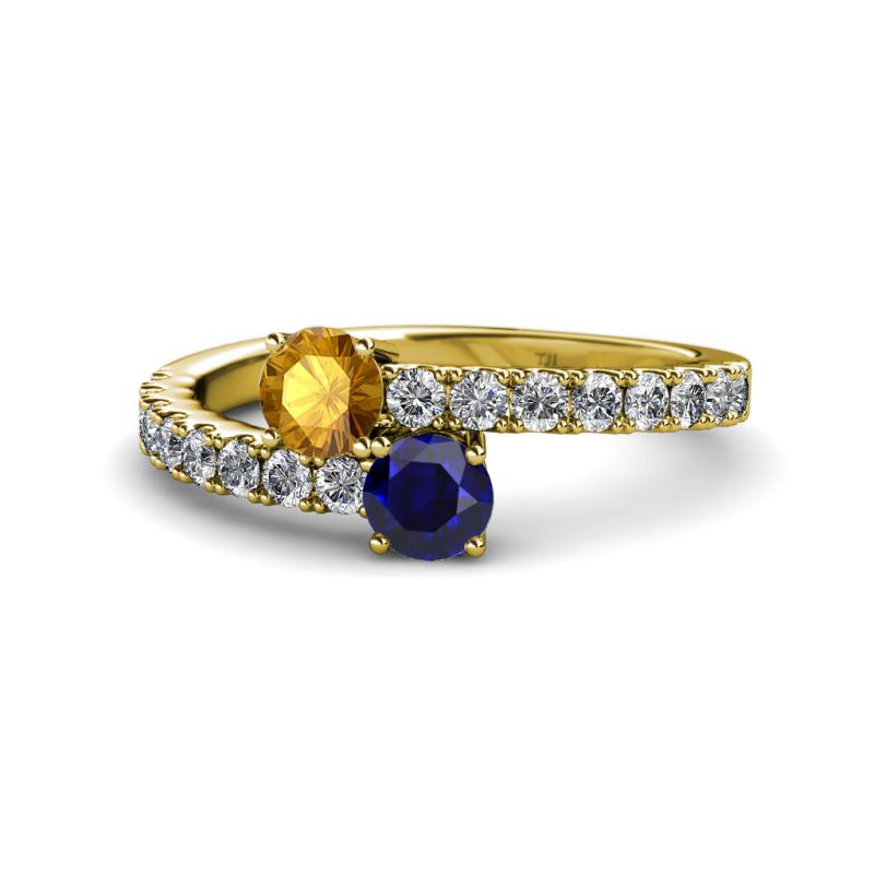 Delise 5.00mm Round Citrine and Blue Sapphire with Side Diamonds Bypass Ring 