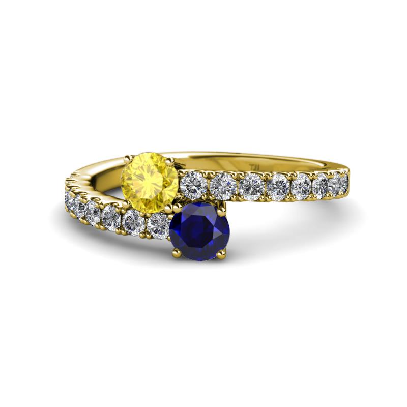 Delise 5.00mm Round Yellow and Blue Sapphire with Side Diamonds Bypass Ring 