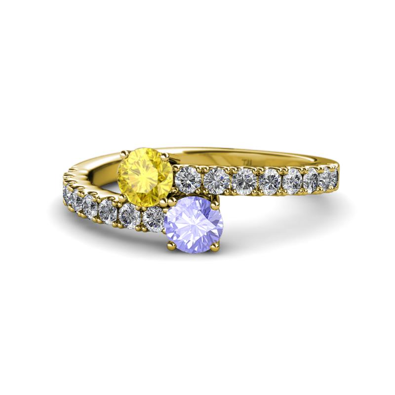 Delise 5.00mm Round Yellow Sapphire and Tanzanite with Side Diamonds Bypass Ring 
