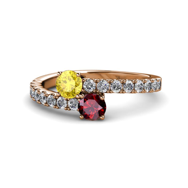 Delise 5.00mm Round Yellow Sapphire and Ruby with Side Diamonds Bypass Ring 