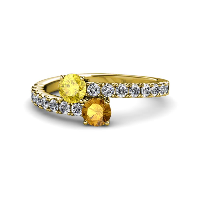 Delise 5.00mm Round Yellow Sapphire and Citrine with Side Diamonds Bypass Ring 