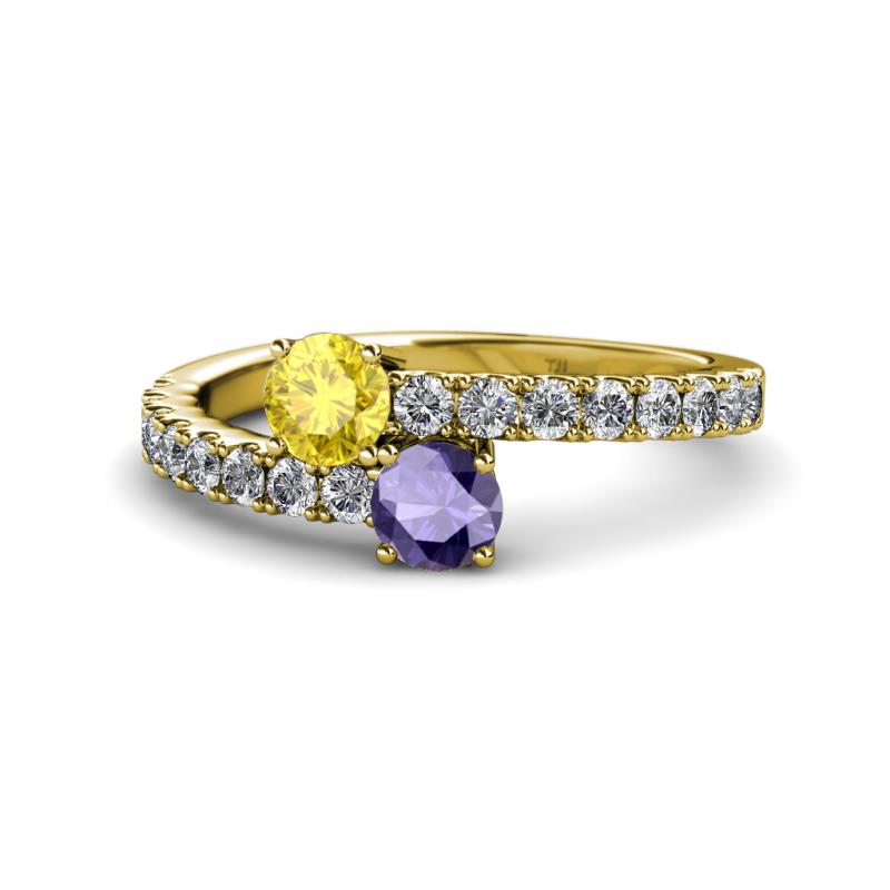 Delise 5.00mm Round Yellow Sapphire and Iolite with Side Diamonds Bypass Ring 