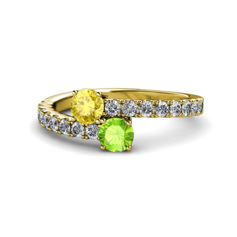 Delise 5.00mm Round Yellow Sapphire and Peridot with Side Diamonds Bypass Ring 