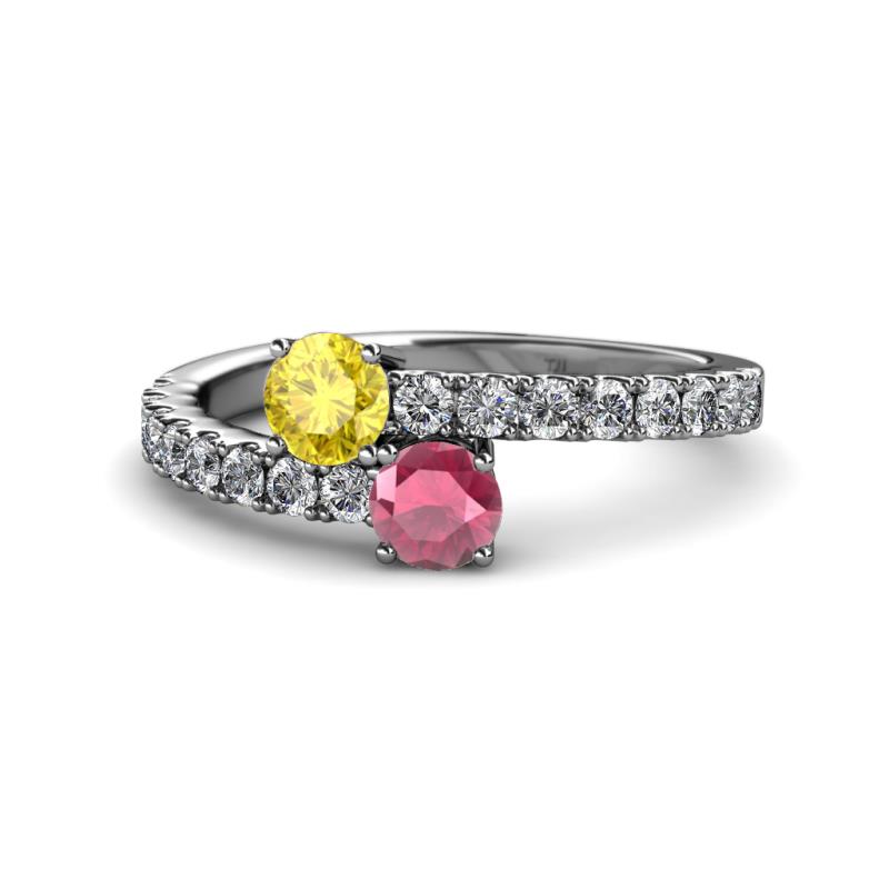 Delise 5.00mm Round Yellow Sapphire and Rhodolite Garnet with Side Diamonds Bypass Ring 