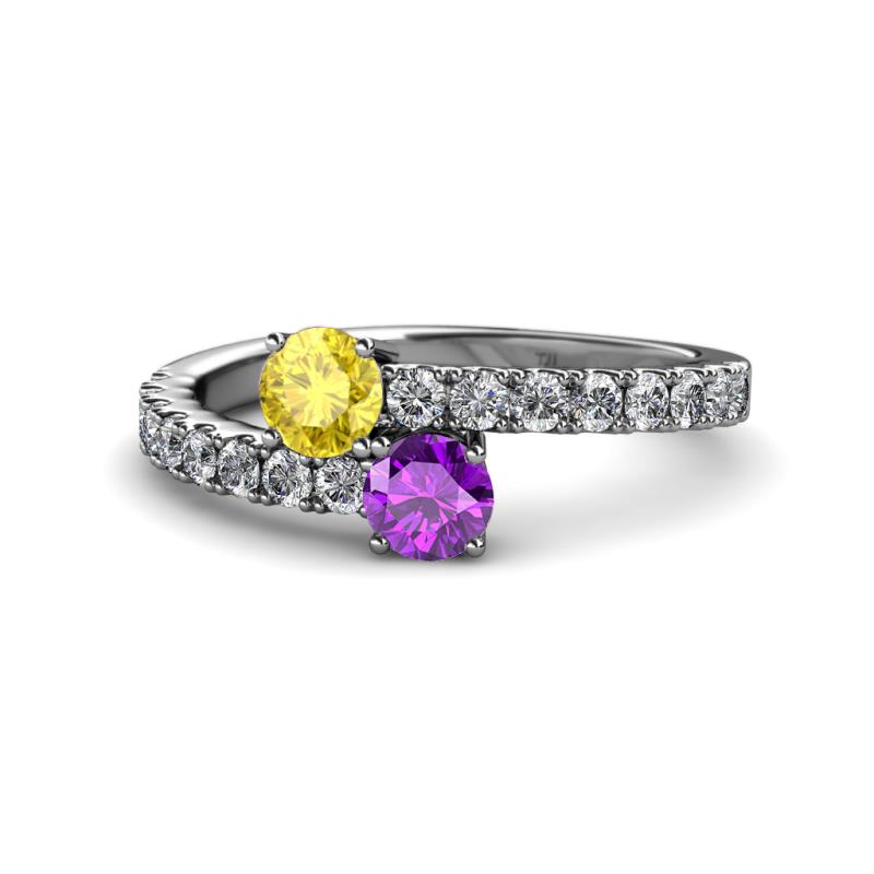 Delise 5.00mm Round Yellow Sapphire and Amethyst with Side Diamonds Bypass Ring 