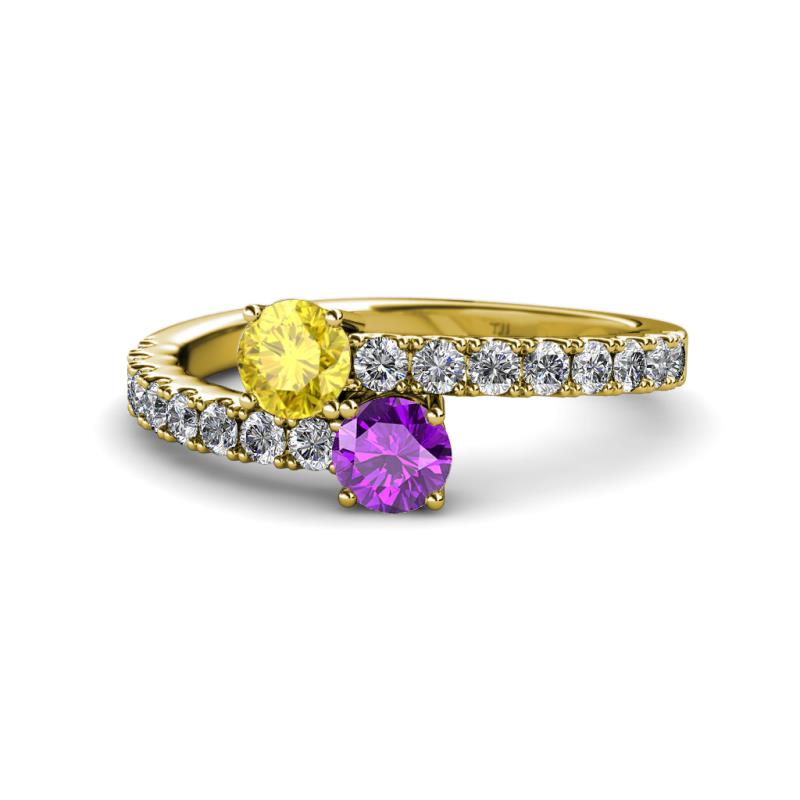 Delise 5.00mm Round Yellow Sapphire and Amethyst with Side Diamonds Bypass Ring 