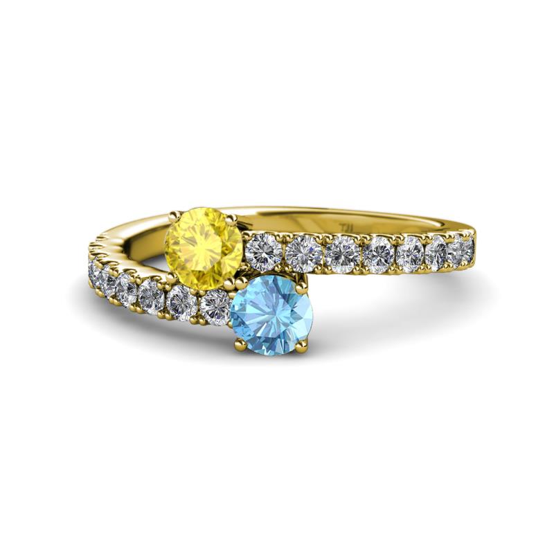 Delise 5.00mm Round Yellow Sapphire and Blue Topaz with Side Diamonds Bypass Ring 