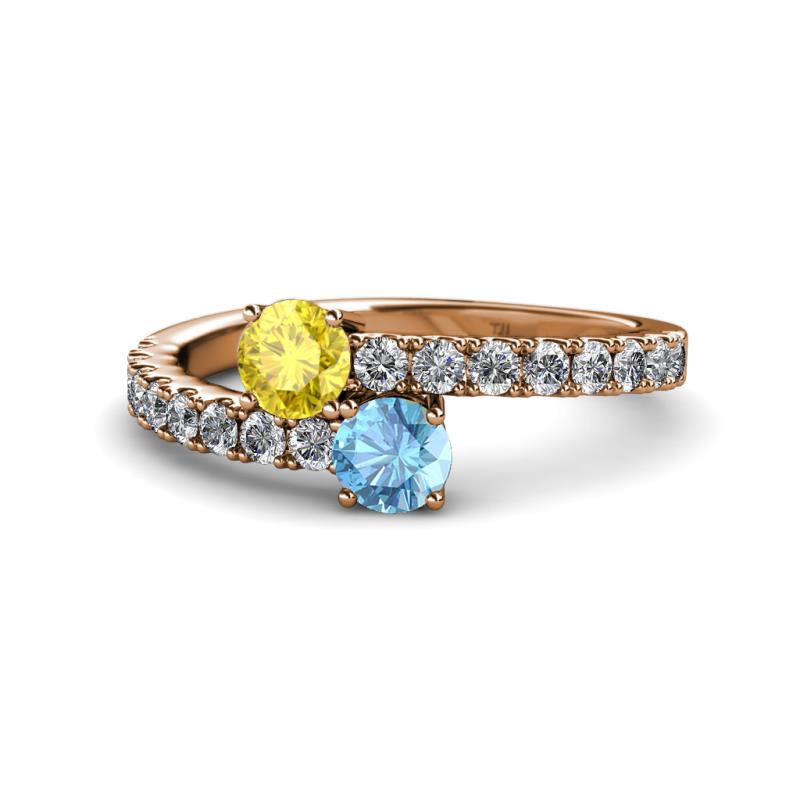 Delise 5.00mm Round Yellow Sapphire and Blue Topaz with Side Diamonds Bypass Ring 