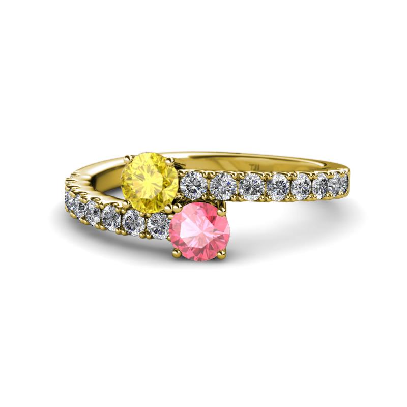 Delise 5.00mm Round Yellow Sapphire and Pink Tourmaline with Side Diamonds Bypass Ring 