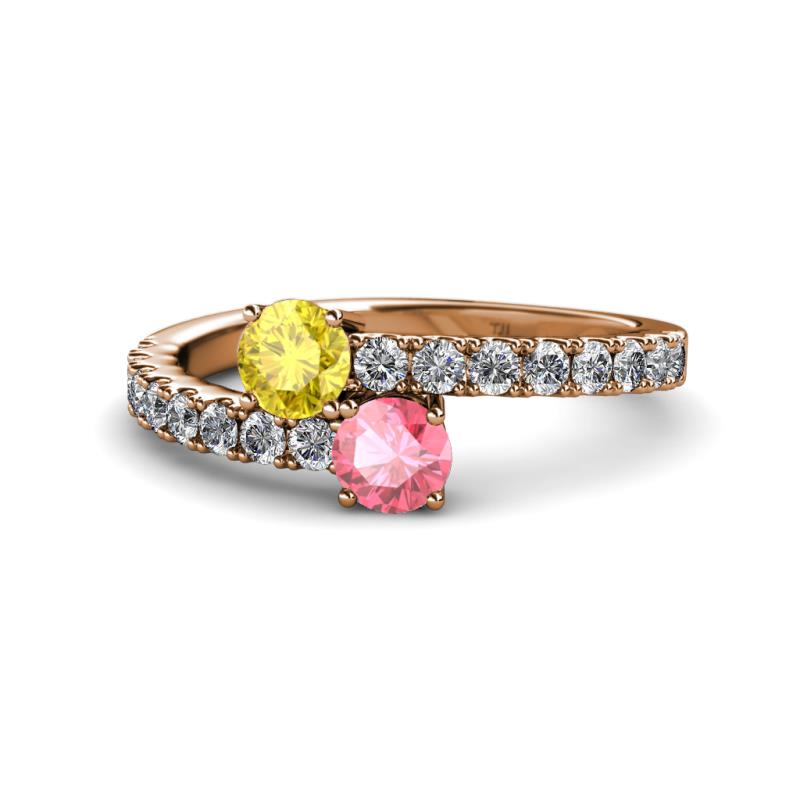 Delise 5.00mm Round Yellow Sapphire and Pink Tourmaline with Side Diamonds Bypass Ring 