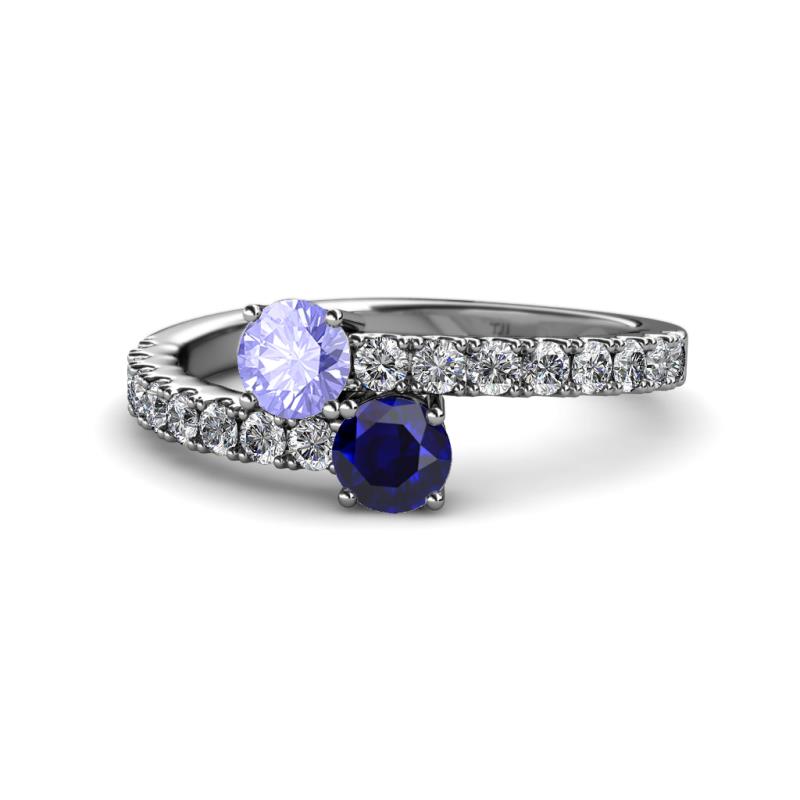 Delise 5.00mm Round Tanzanite and Blue Sapphire with Side Diamonds Bypass Ring 