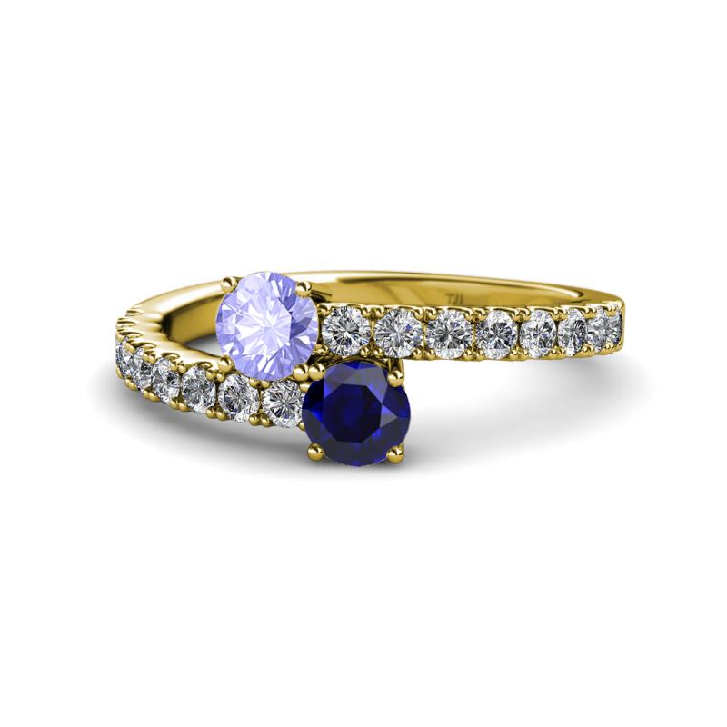 Delise 5.00mm Round Tanzanite and Blue Sapphire with Side Diamonds Bypass Ring 