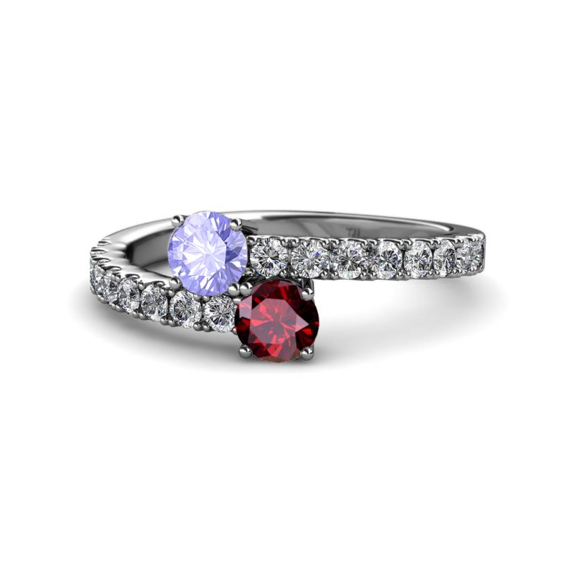 Delise 5.00mm Round Tanzanite and Ruby with Side Diamonds Bypass Ring 