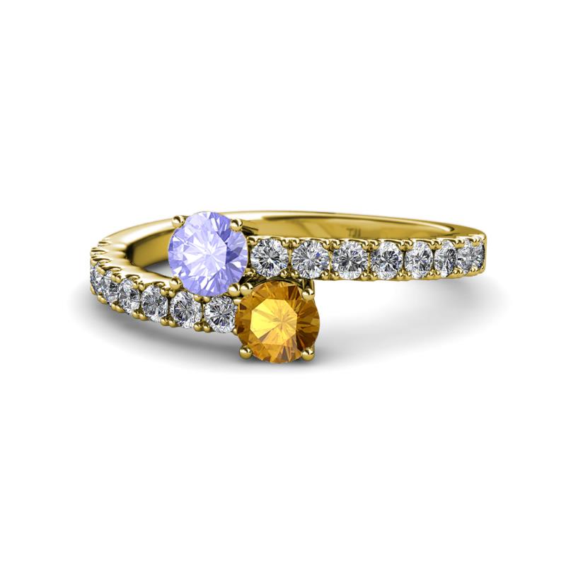 Delise 5.00mm Round Tanzanite and Citrine with Side Diamonds Bypass Ring 