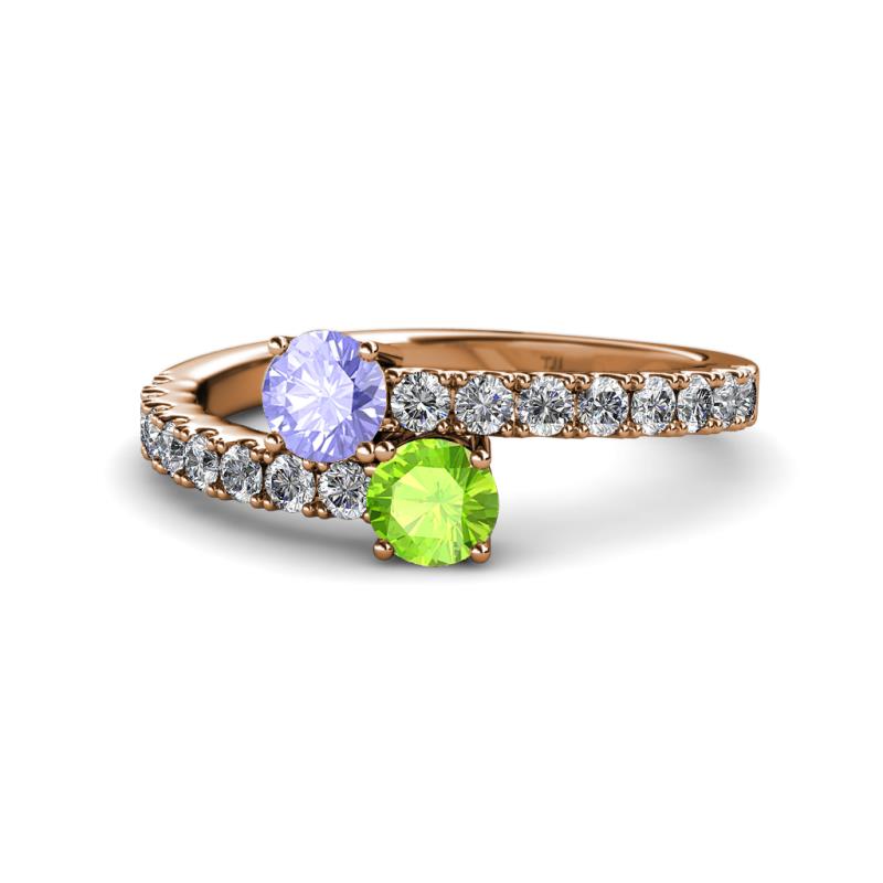 Delise 5.00mm Round Tanzanite and Peridot with Side Diamonds Bypass Ring 