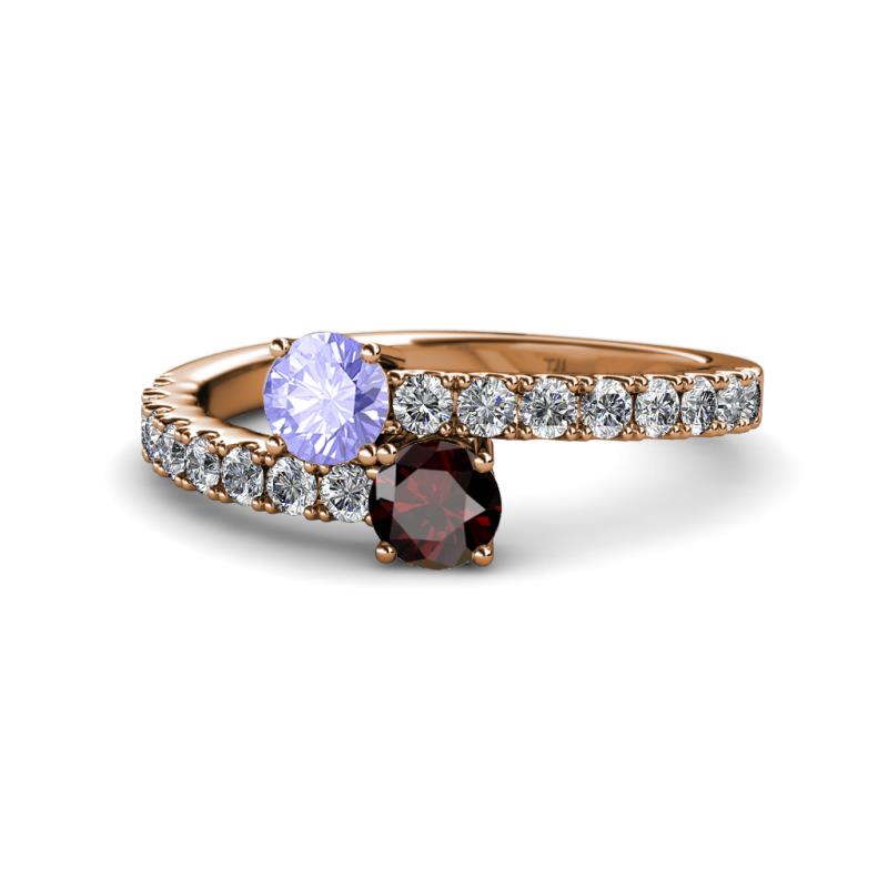 Delise 5.00mm Round Tanzanite and Red Garnet with Side Diamonds Bypass Ring 