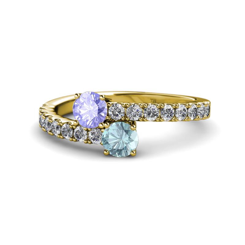 Delise 5.00mm Round Tanzanite and Aquamarine with Side Diamonds Bypass Ring 