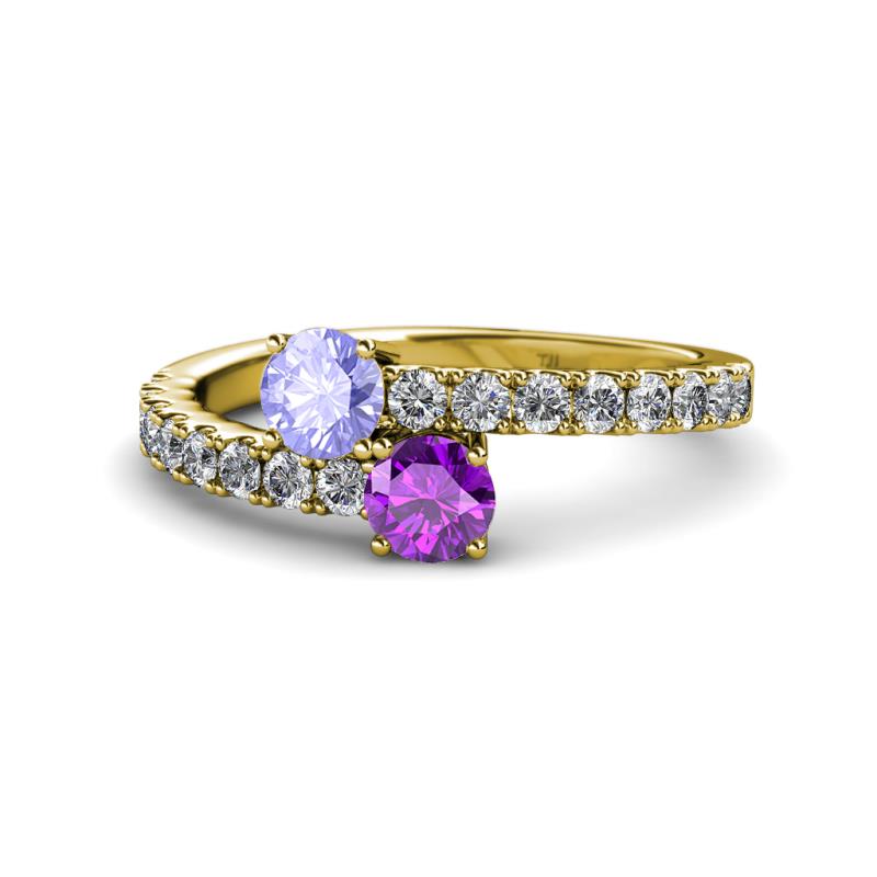 Delise 5.00mm Round Tanzanite and Amethyst with Side Diamonds Bypass Ring 
