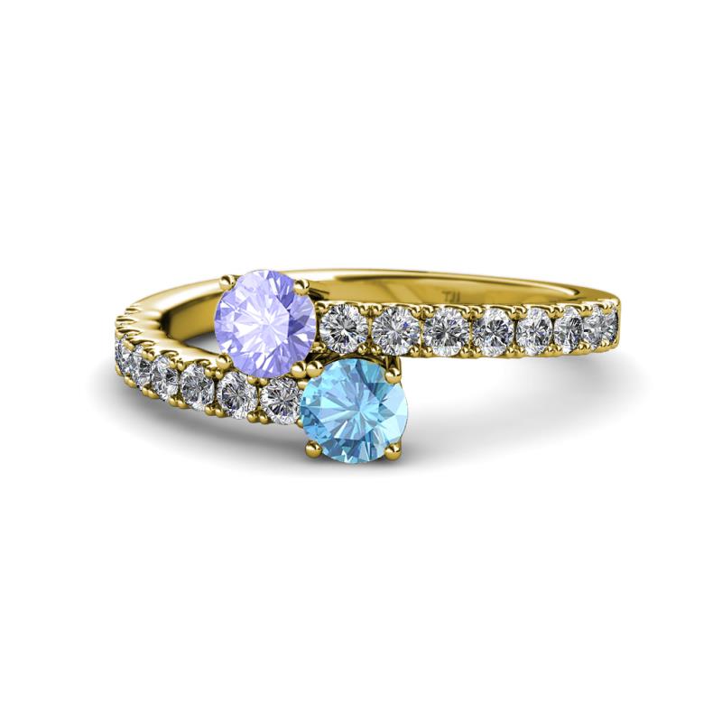 Delise 5.00mm Round Tanzanite and Blue Topaz with Side Diamonds Bypass Ring 