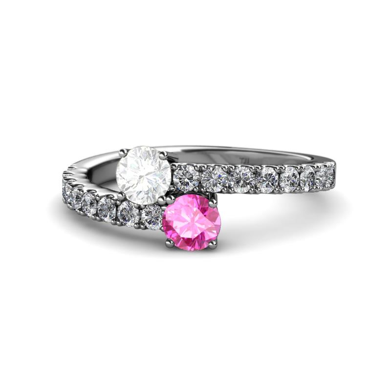 Delise 5.00mm Round White and Pink Sapphire with Side Diamonds Bypass Ring 