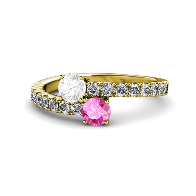 Delise 5.00mm Round White and Pink Sapphire with Side Diamonds Bypass Ring 