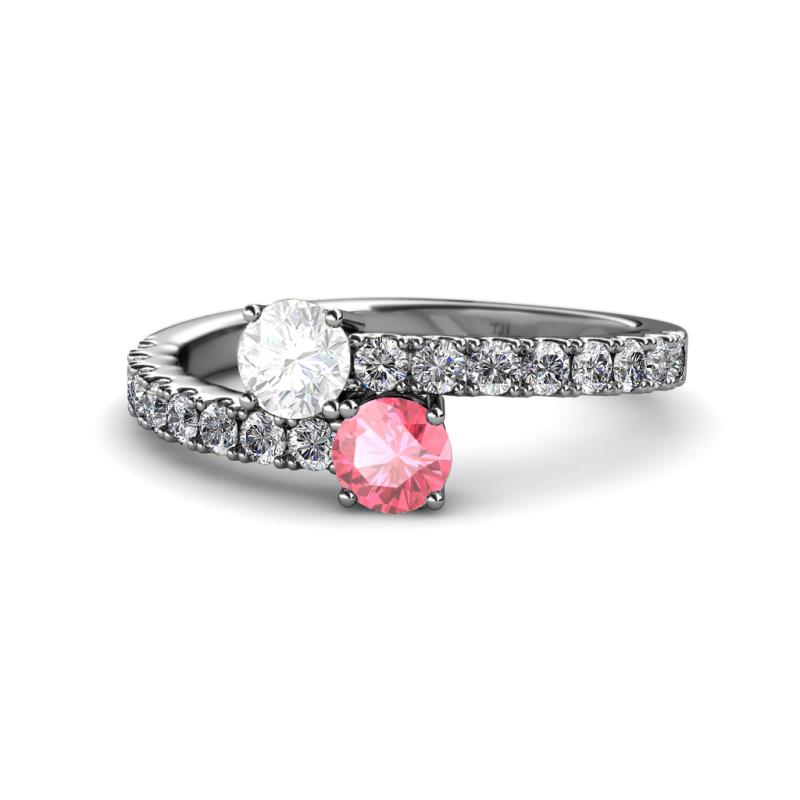 Delise 5.00mm Round White Sapphire and Pink Tourmaline with Side Diamonds Bypass Ring 