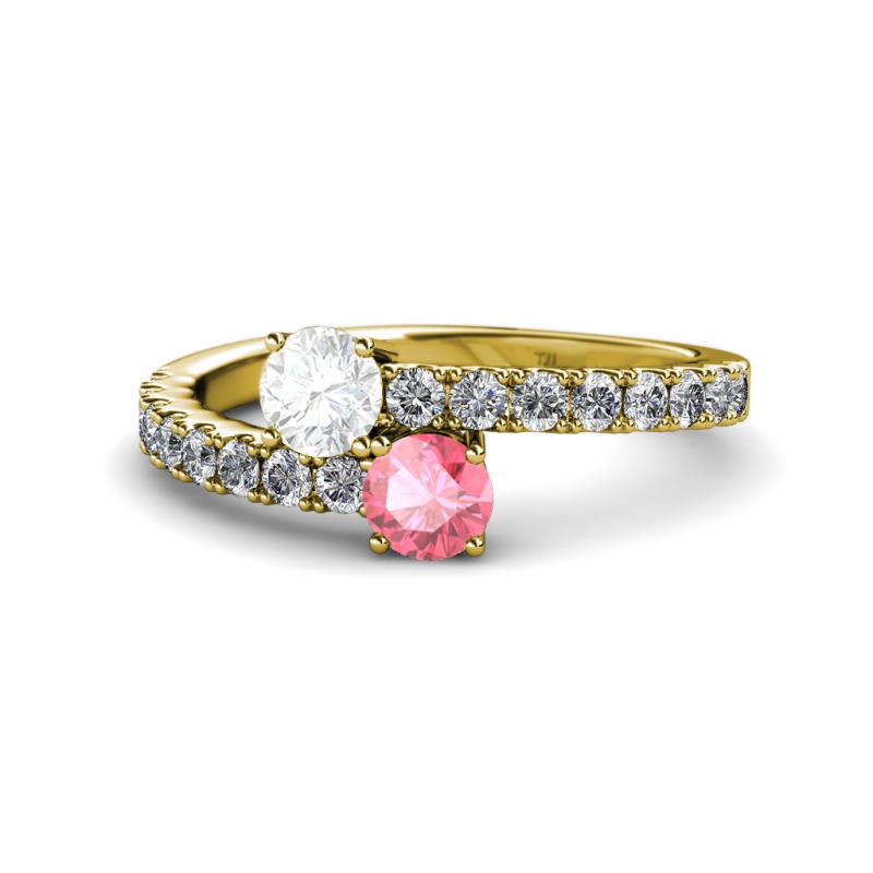 Delise 5.00mm Round White Sapphire and Pink Tourmaline with Side Diamonds Bypass Ring 