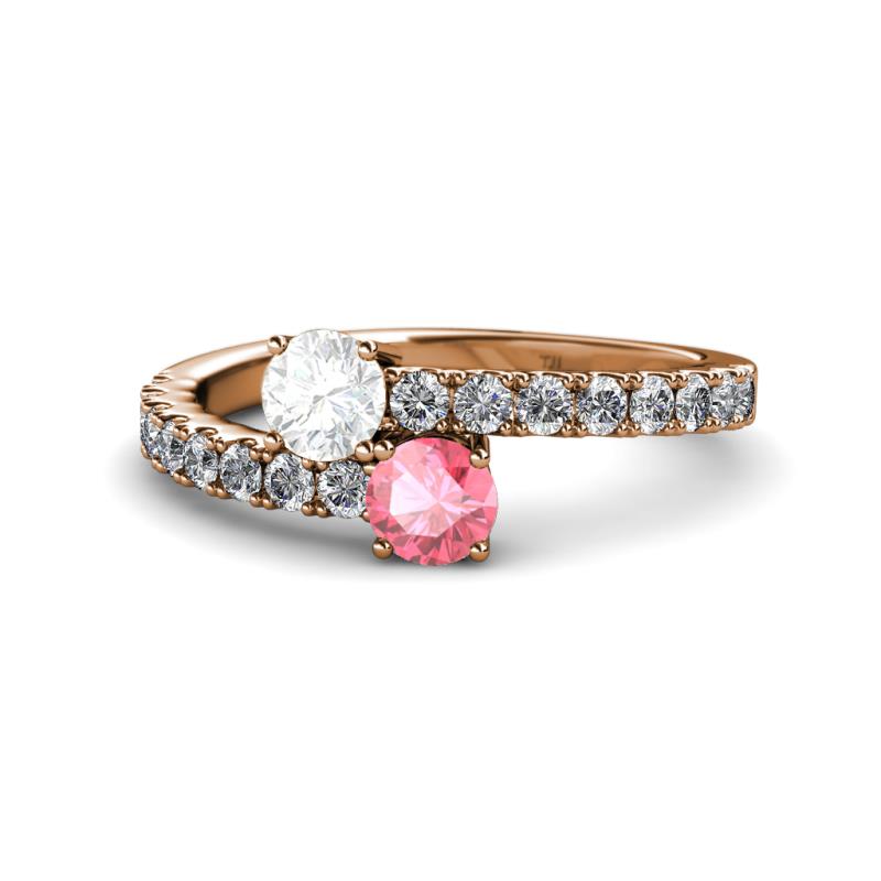 Delise 5.00mm Round White Sapphire and Pink Tourmaline with Side Diamonds Bypass Ring 