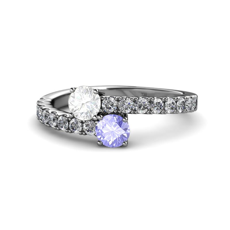 Delise 5.00mm Round White Sapphire and Tanzanite with Side Diamonds Bypass Ring 