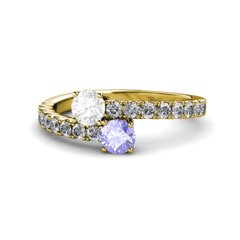 Delise 5.00mm Round White Sapphire and Tanzanite with Side Diamonds Bypass Ring 