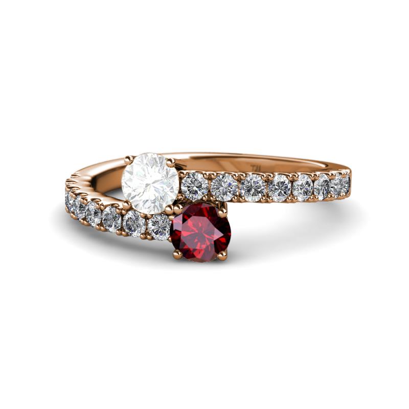 Delise 5.00mm Round White Sapphire and Ruby with Side Diamonds Bypass Ring 