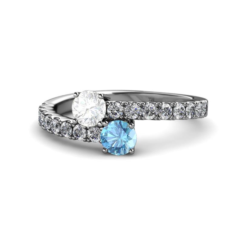 Delise 5.00mm Round White Sapphire and Blue Topaz with Side Diamonds Bypass Ring 