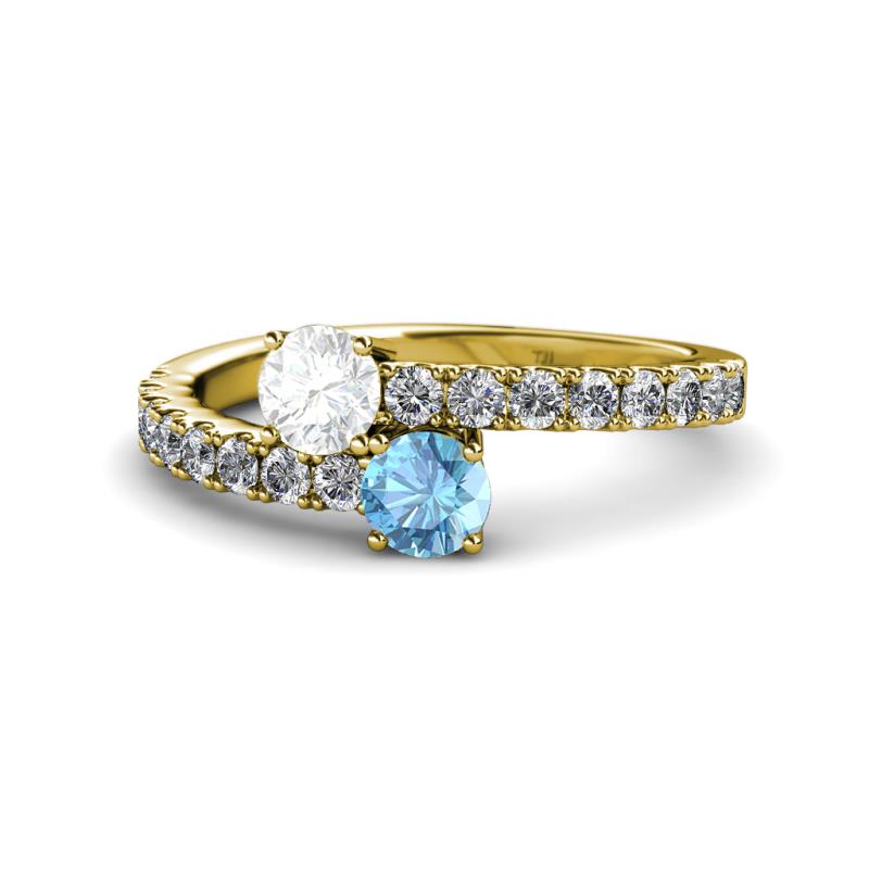 Delise 5.00mm Round White Sapphire and Blue Topaz with Side Diamonds Bypass Ring 