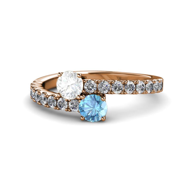 Delise 5.00mm Round White Sapphire and Blue Topaz with Side Diamonds Bypass Ring 