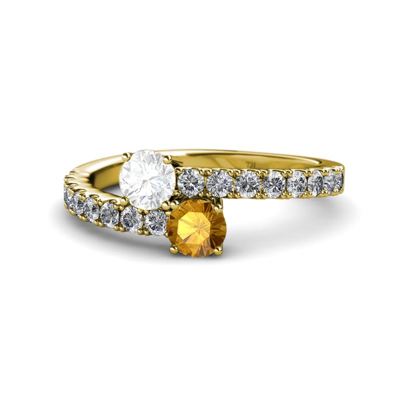 Delise 5.00mm Round White Sapphire and Citrine with Side Diamonds Bypass Ring 