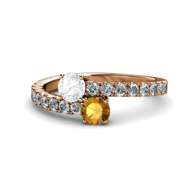 Delise 5.00mm Round White Sapphire and Citrine with Side Diamonds Bypass Ring 